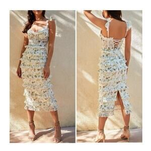 V. Chapman Floral Ruffle Midi Dress in Cream and Blue